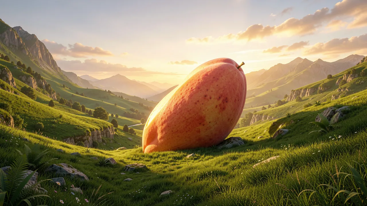 A giant whole peach rests in a lush green alpine valley during warm golden hour sunset