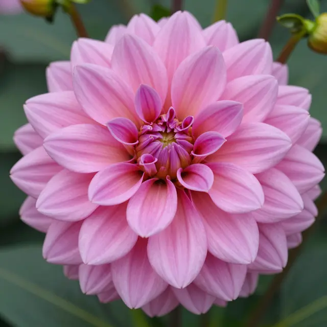 A tight close-up of a fully bloomed soft pink dahlia with layered, symmetrical petals