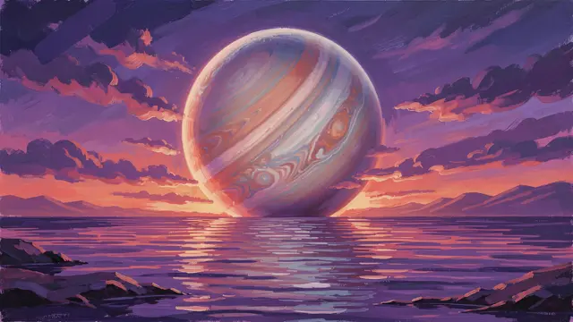 Thick brushstroke oil painting of a swirled giant planet hanging over a purple alien sea at colorful sunset