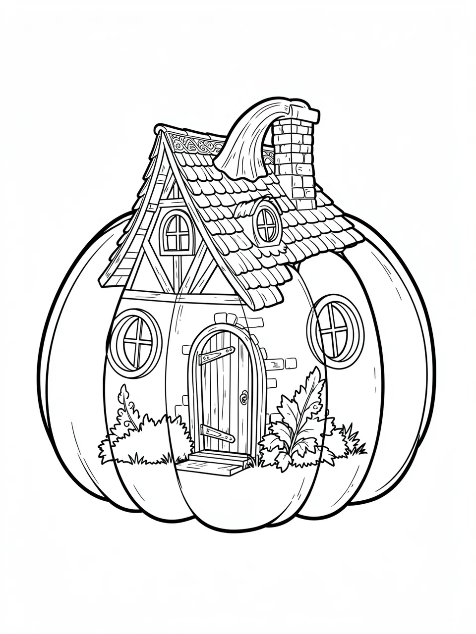 Black and white line art of a whimsical cottage built inside a giant pumpkin on a plain white background