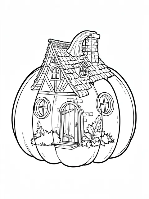 Black and white line art of a whimsical cottage built inside a giant pumpkin on a plain white background
