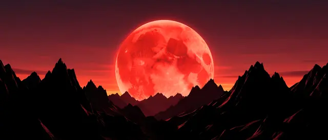 A huge glowing red celestial body sinks behind jagged black mountain silhouettes against a deep red alien sky