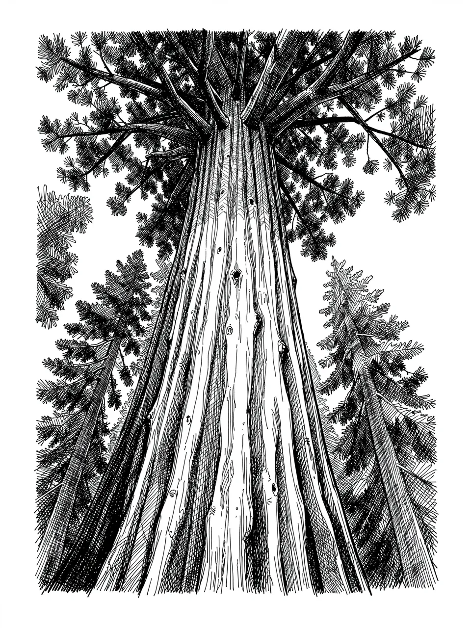 Low angle pen and ink cross-hatch drawing of a giant redwood trunk rising to the canopy with surrounding trees on a white