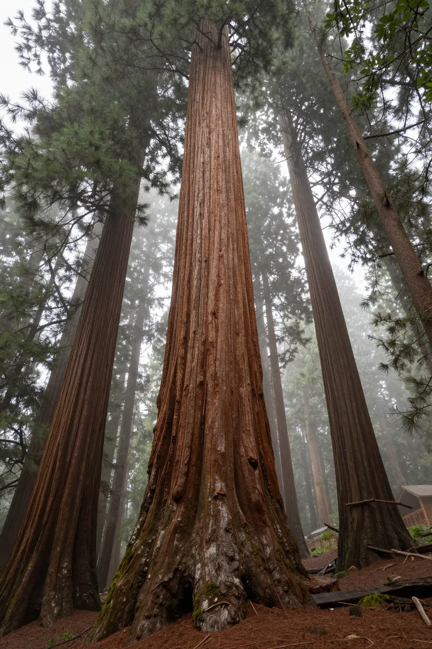 Low angle view of tall giant redwood trees rising into thick fog in a misty forest