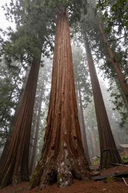 Low angle view of tall giant redwood trees rising into thick fog in a misty forest