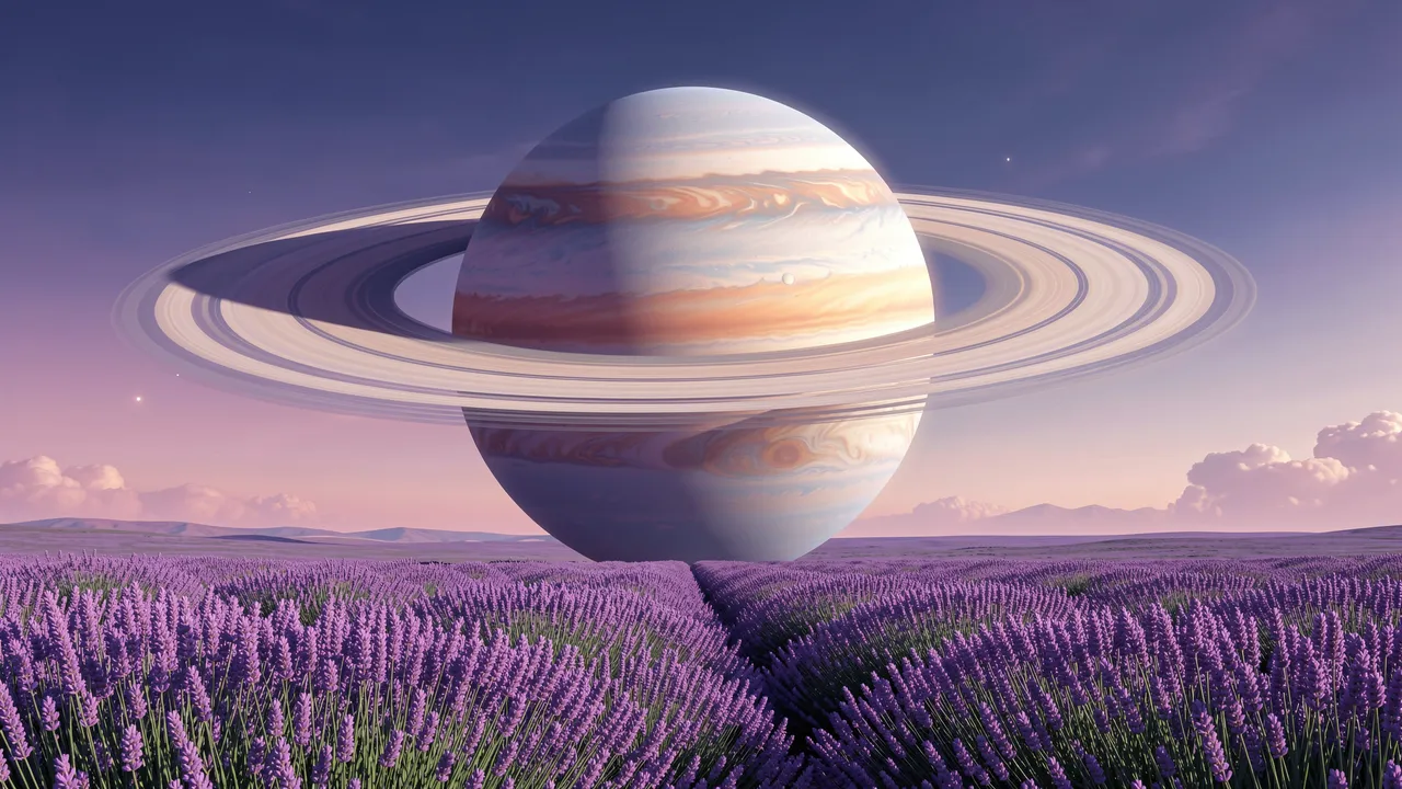 A large ringed gas planet rises above a sprawling lavender field under a pastel twilight sky