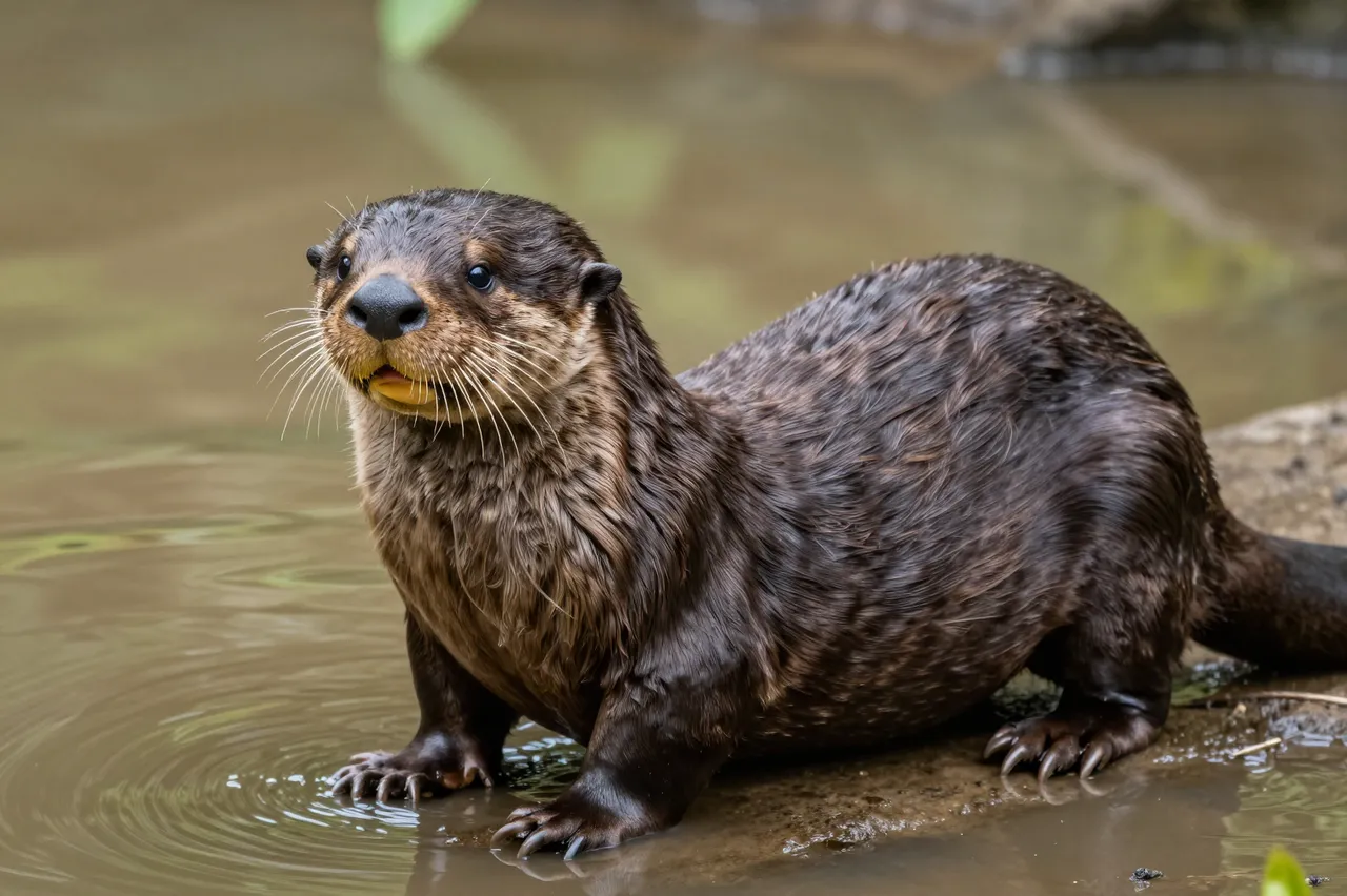 A wet giant river otter rests on a muddy river bank beside calm brown water