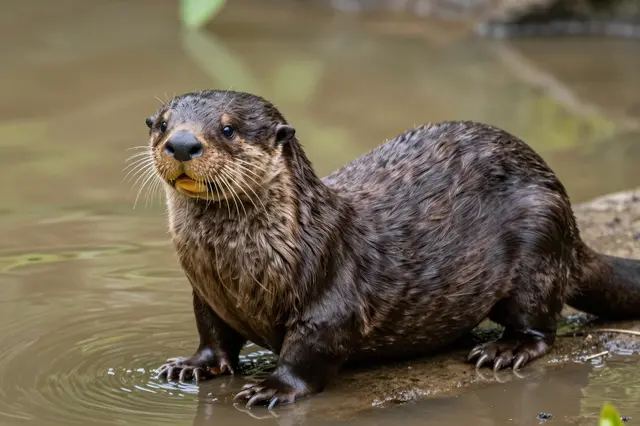 A wet giant river otter rests on a muddy river bank beside calm brown water