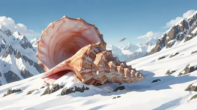 A large striped conch seashell rests on a sunlit snowy alpine mountain slope under a clear blue sky.