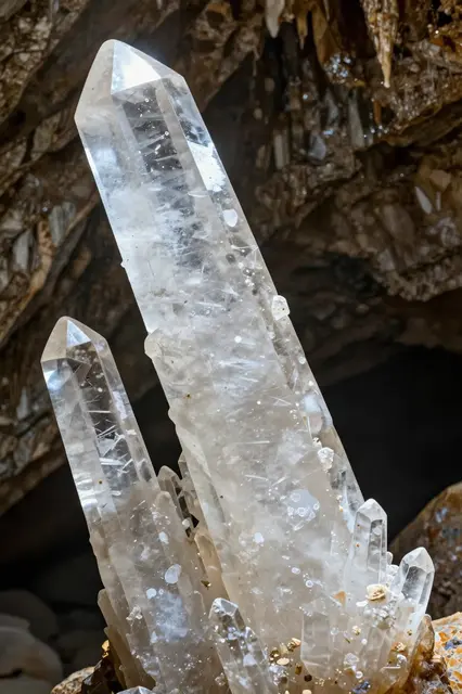 Large translucent prismatic selenite crystal cluster protruding from a rocky cave interior