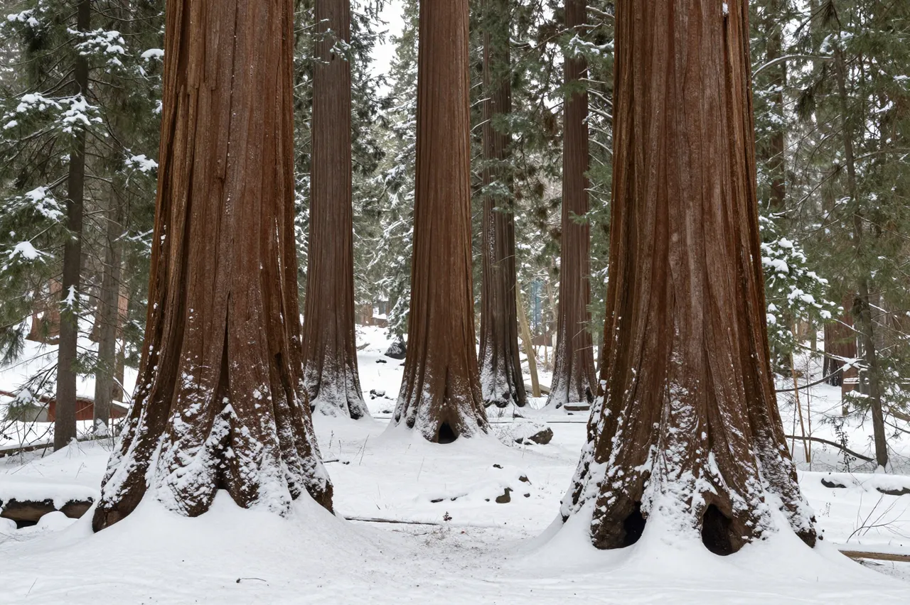 Thick giant sequoia trunks stand in a snow-covered evergreen forest under overcast light.