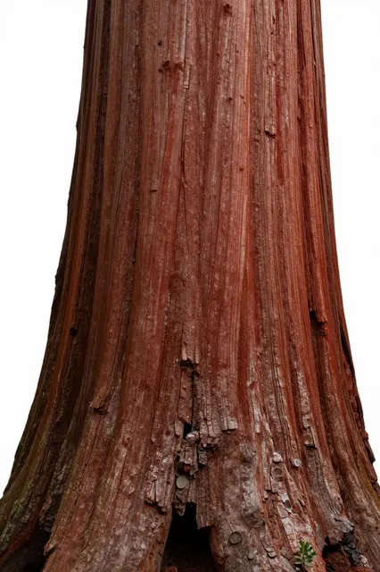 Low angle view of a thick giant sequoia trunk with deep red textured bark against a bright overexposed sky