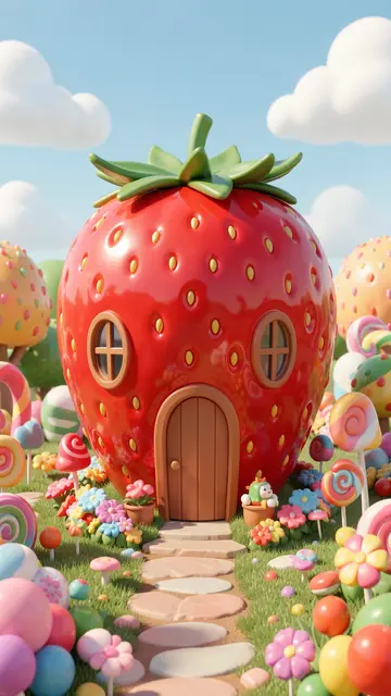 Glossy 3D strawberry house sits in a whimsical colorful candy garden under a bright blue sky