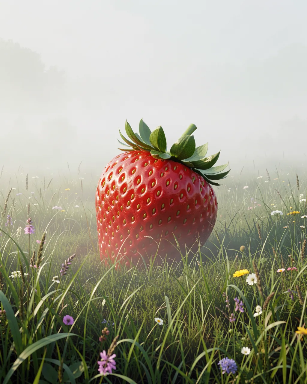 A large ripe strawberry sits half hidden in tall grass and wildflowers in a misty morning meadow