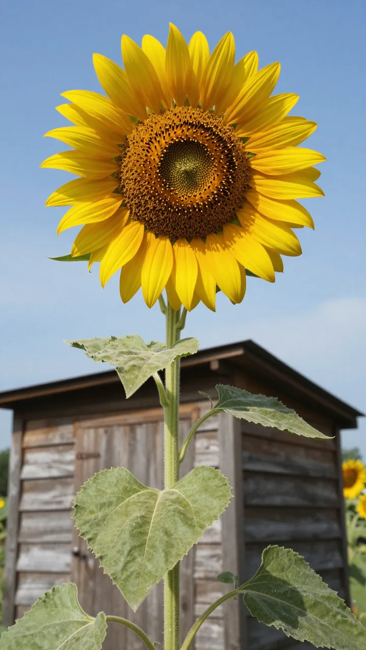 A tall giant sunflower stands in front of a weathered wooden shed under a clear blue sky