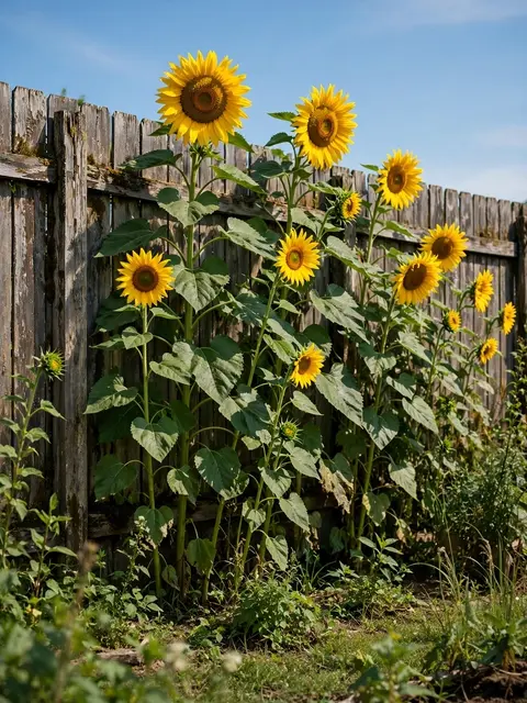 Tall giant sunflowers grow beside a weathered wooden fence under a bright blue summer sky