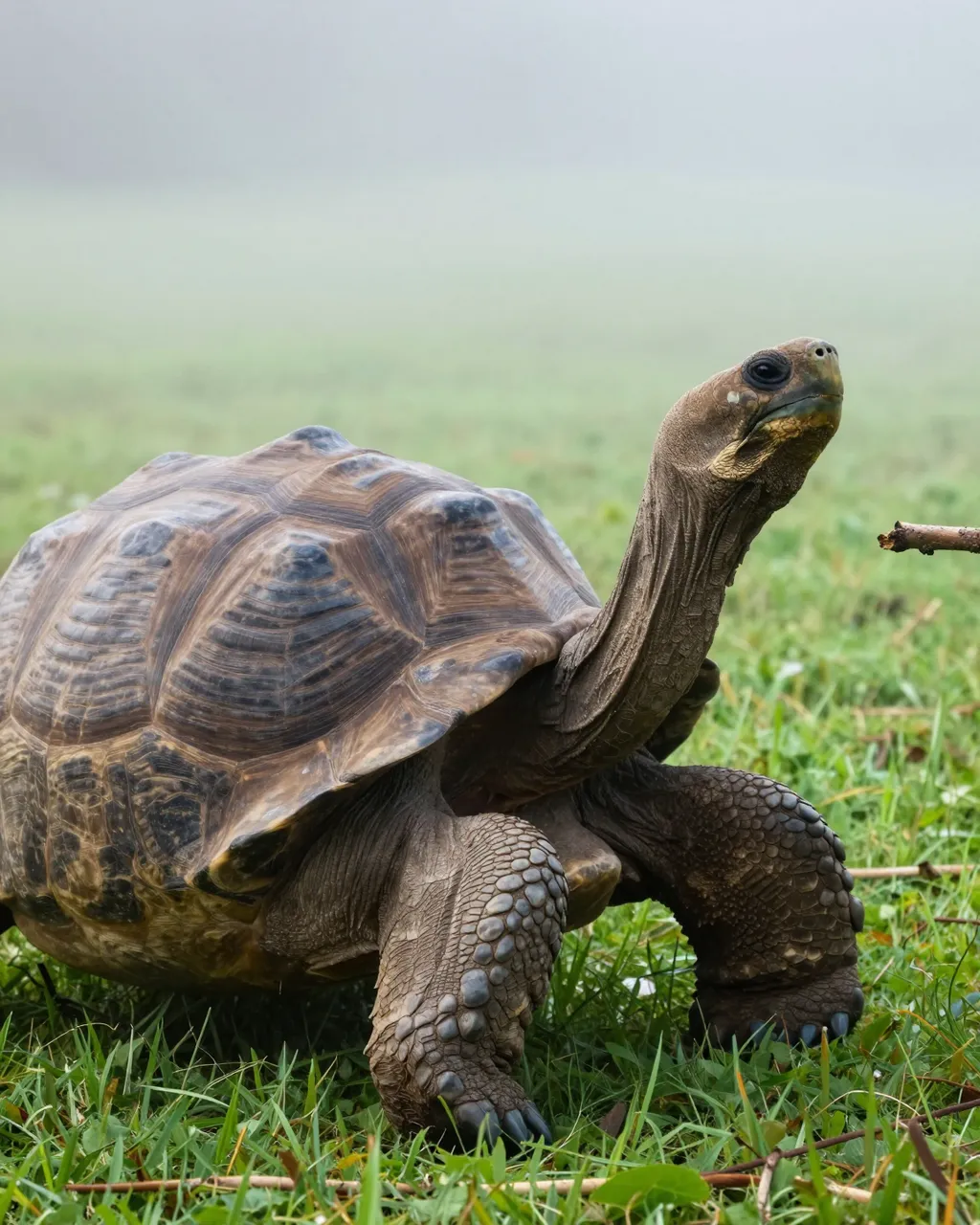 Giant tortoise stretches its neck toward a small branch on foggy green grass at dawn