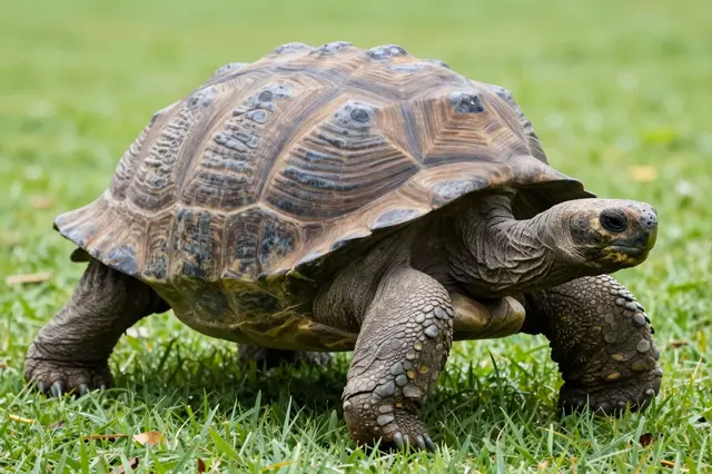 A giant tortoise walks slowly across lush green grass with a blurred grassy background.