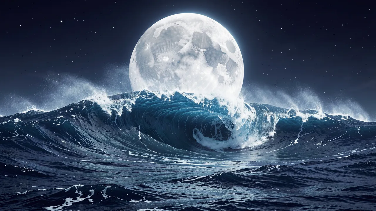 A curling ocean wave rises under a massive glowing full moon in a starry night sky