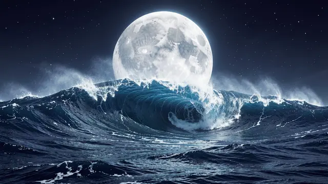 A curling ocean wave rises under a massive glowing full moon in a starry night sky