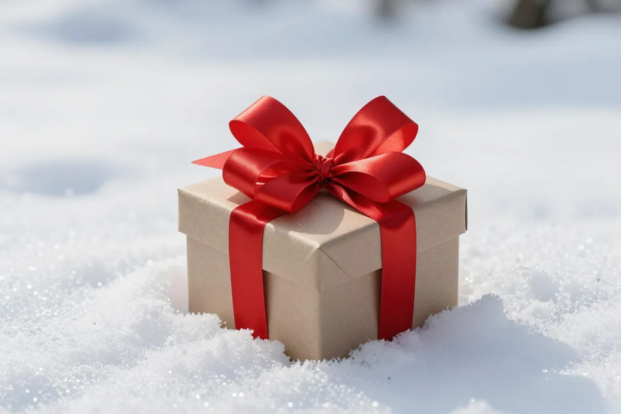 A kraft paper gift box with a glossy red satin bow sits partially embedded in bright fresh snow.