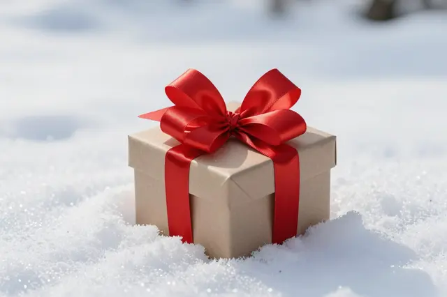 A kraft paper gift box with a glossy red satin bow sits partially embedded in bright fresh snow.