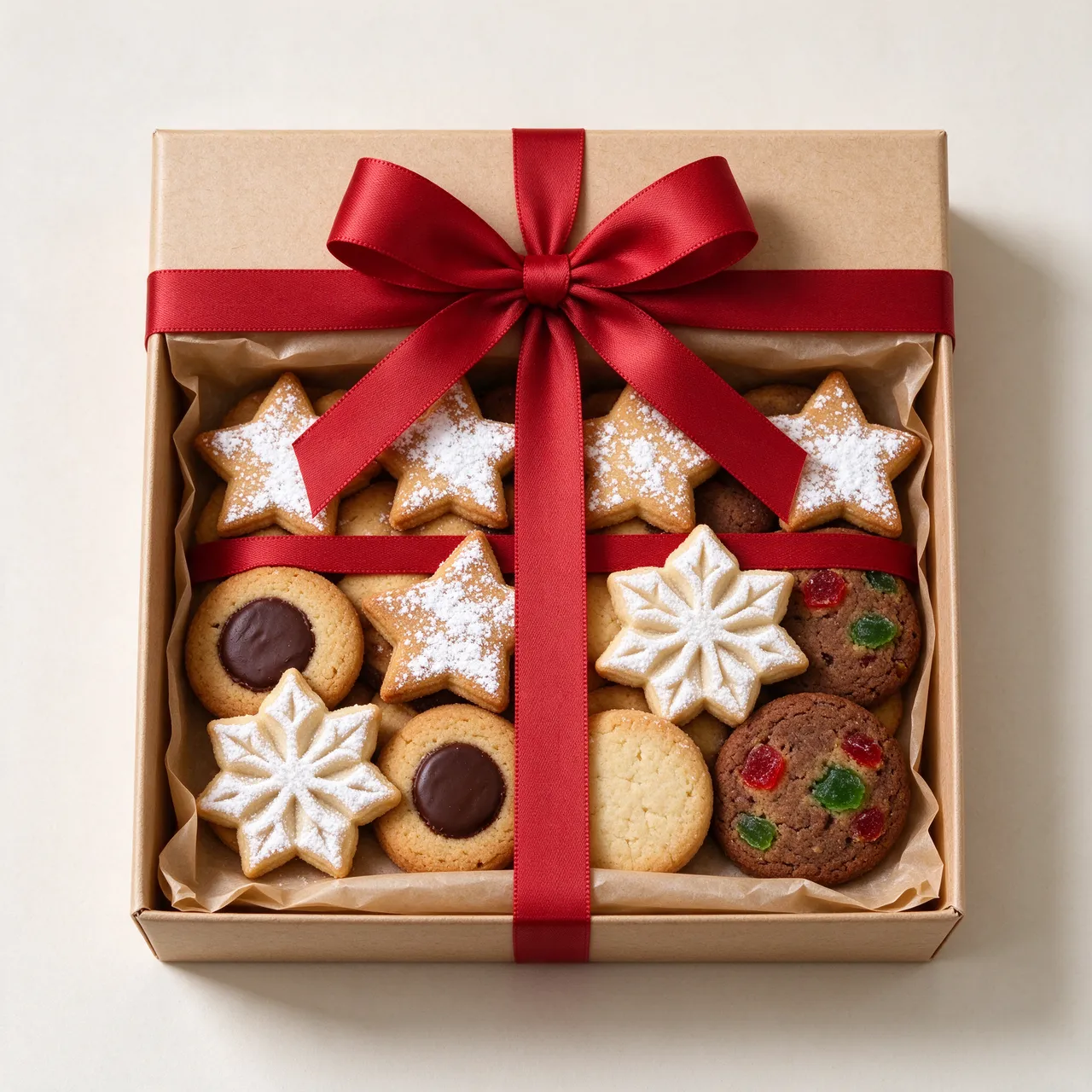 Overhead view of a brown gift box tied with red ribbon, filled with assorted Christmas cookies lined with parchment