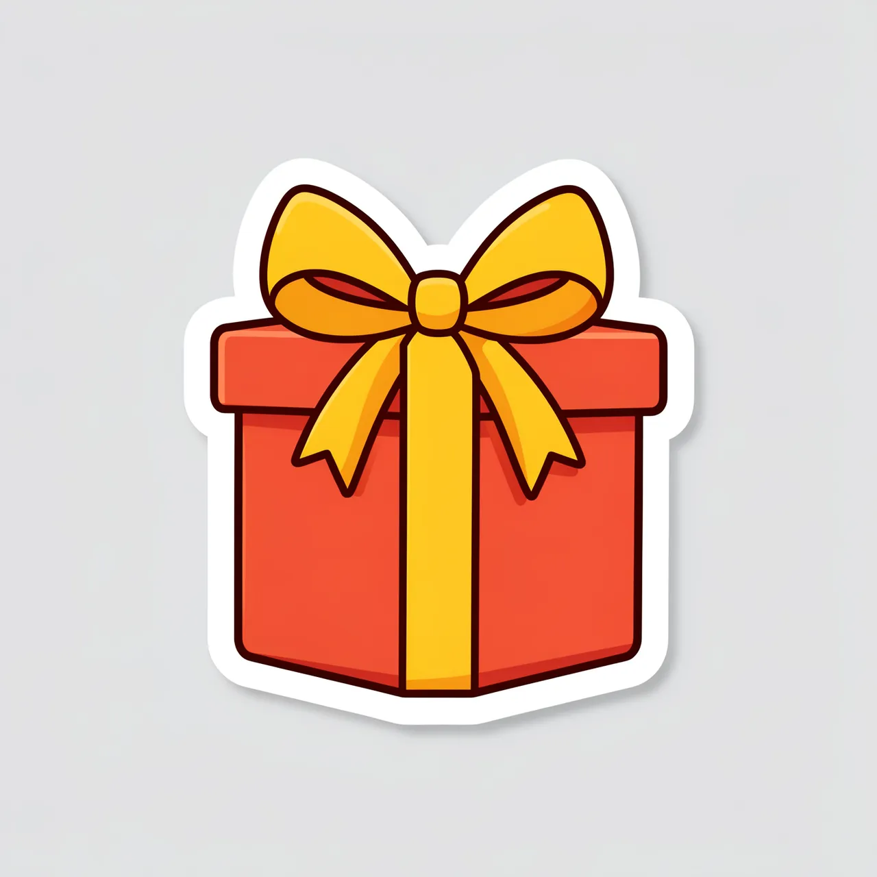 A die-cut sticker of a red wrapped gift with a yellow bow sits on a light gray background