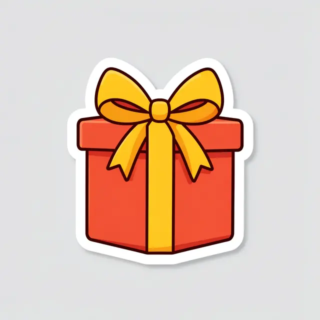 A die-cut sticker of a red wrapped gift with a yellow bow sits on a light gray background