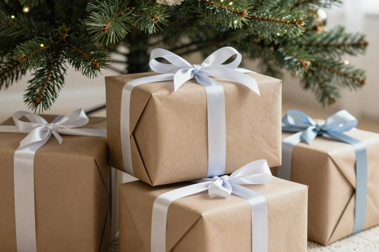 Wrapped kraft paper gift boxes with satin ribbons sit stacked under a lit Christmas tree.