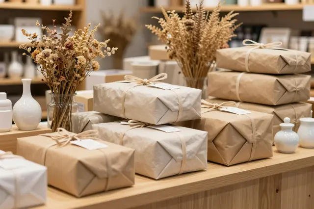 Wrapped parcels, dried flowers and plain ceramic trinkets sit arranged on a warm wood gift shop counter