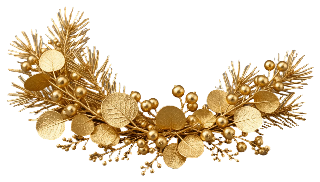 Metallic gold gilded arrangement of pine, eucalyptus and berry sprigs in a horizontal crescent shape