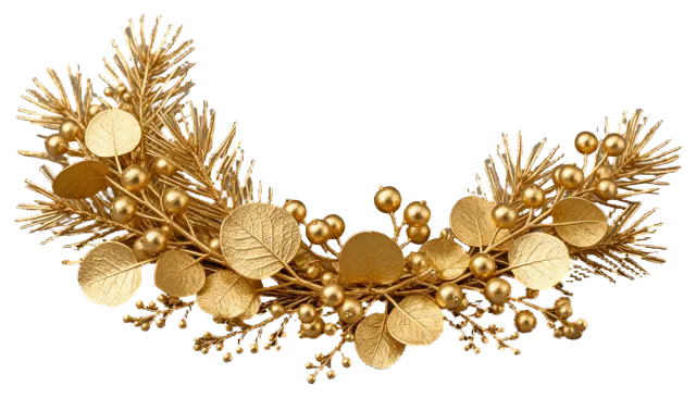 Metallic gold gilded arrangement of pine, eucalyptus and berry sprigs in a horizontal crescent shape