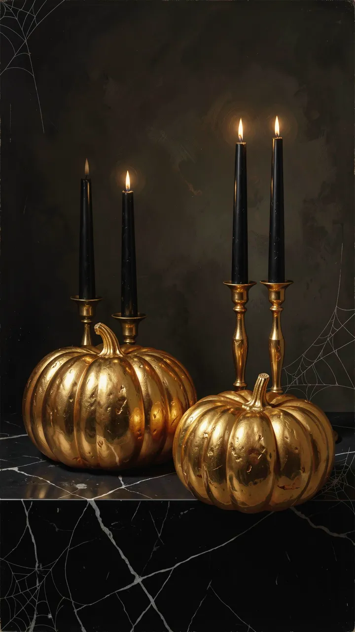 Moody still life of gilded pumpkins and lit black taper candles on dark veined marble with faint cobweb details