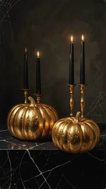 Moody still life of gilded pumpkins and lit black taper candles on dark veined marble with faint cobweb details