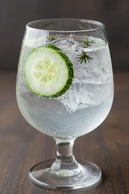 A clear balloon glass holds a fizzy gin and tonic garnished with cucumber and juniper sprigs on a dark wooden table.