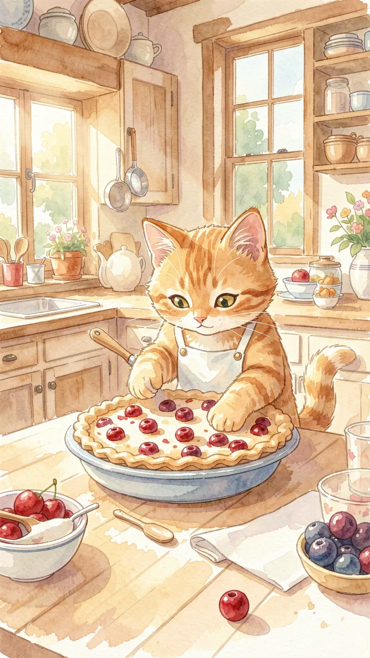 A ginger tabby cat wearing a bakes a cherry pie in a sunlit farmhouse kitchen