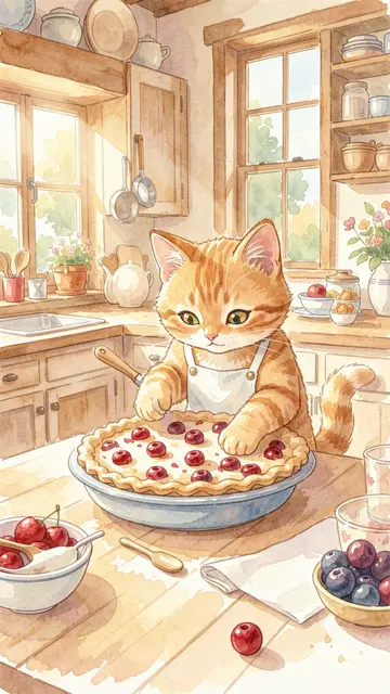 A ginger tabby cat wearing a bakes a cherry pie in a sunlit farmhouse kitchen