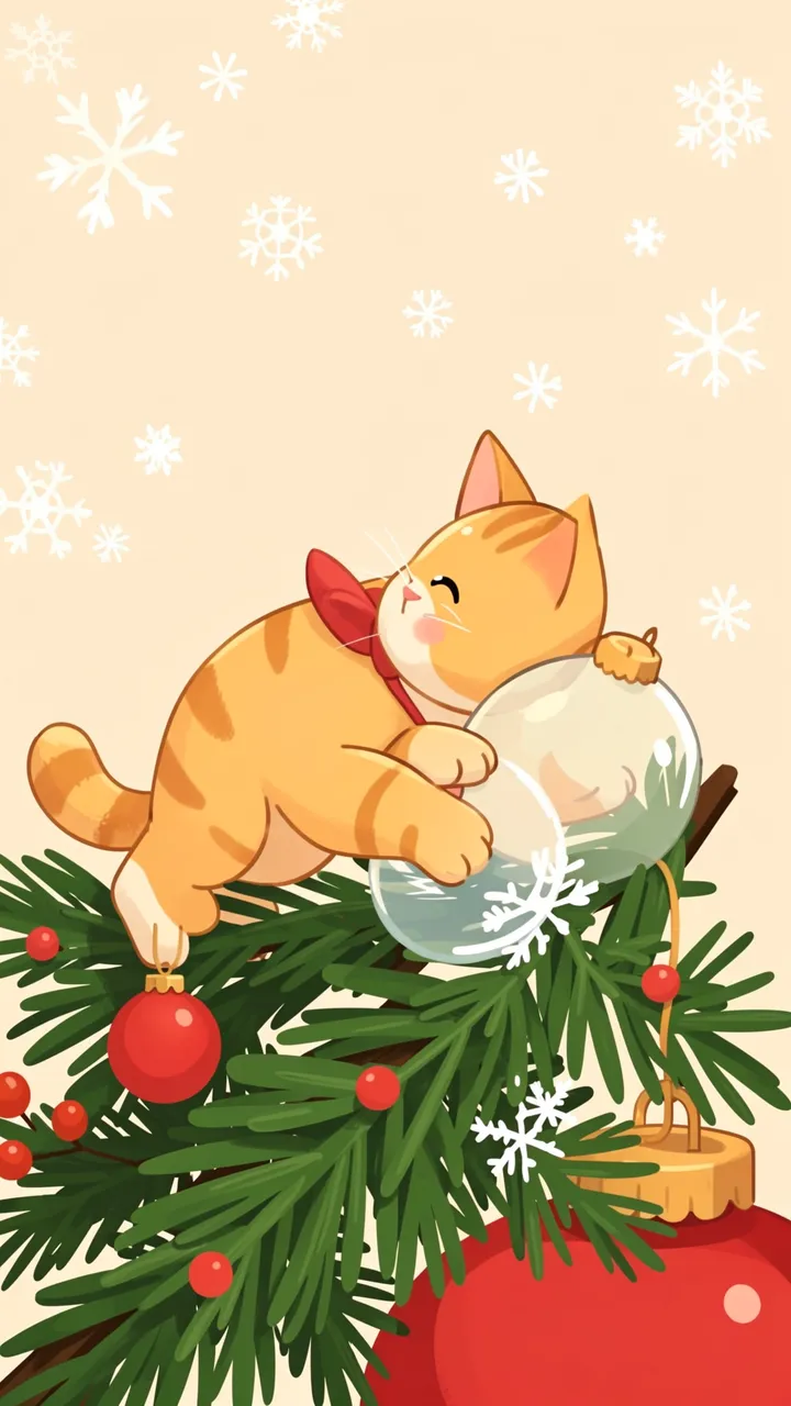 Cute ginger tabby cat with a red bow batting glass baubles on a Christmas tree branch against a warm beige snowflake