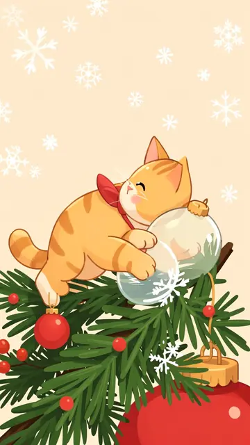 Cute ginger tabby cat with a red bow batting glass baubles on a Christmas tree branch against a warm beige snowflake