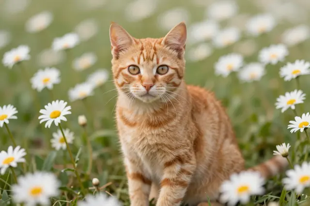 A fluffy ginger tabby kitten sits upright facing the camera in a field of white daisies