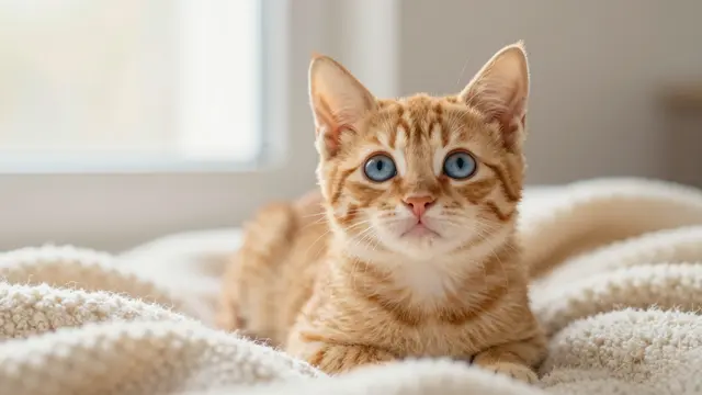 A ginger kitten with bright blue eyes looks up while resting on a cream plush blanket near a sunlit window.