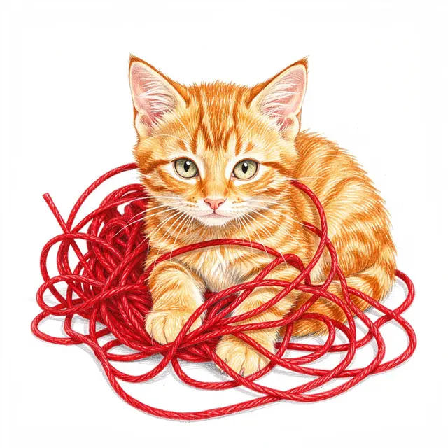Colored pencil drawing of a fluffy ginger kitten sitting tangled in bright red yarn on plain white paper