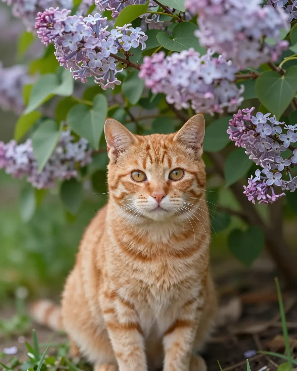 A ginger tabby cat sits peering directly at the camera under blooming lilac flowers in a spring garden.