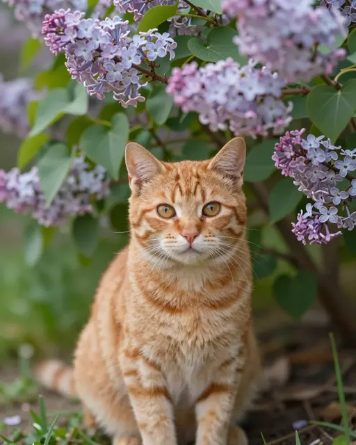 A ginger tabby cat sits peering directly at the camera under blooming lilac flowers in a spring garden.