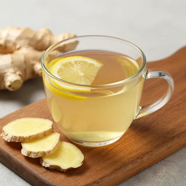 A clear glass mug of ginger tea with lemon slices sits on a wooden board with fresh ginger.