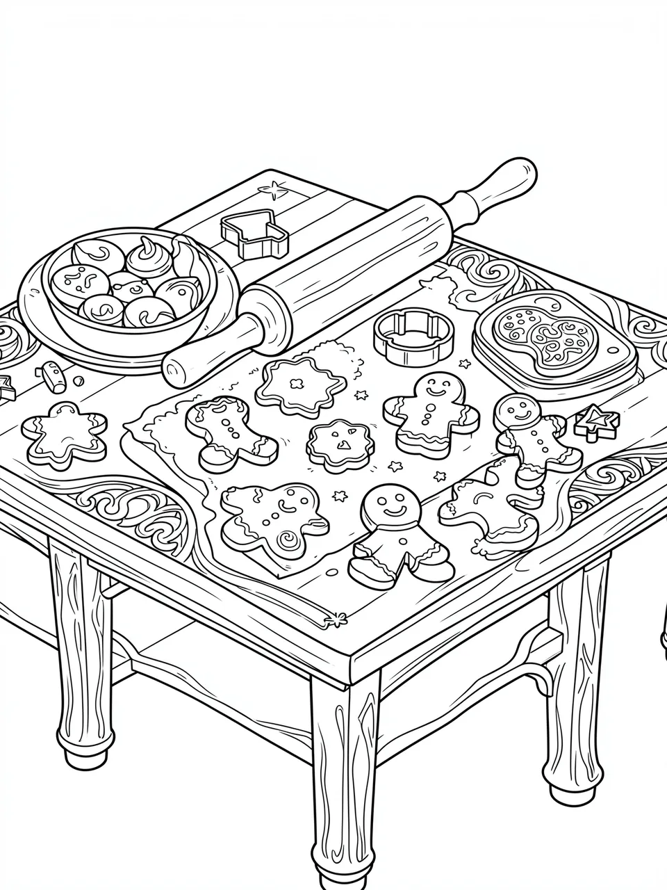 Black and white line art of a wooden baking table holding gingerbread cookies, a rolling pin, and cookie cutters for