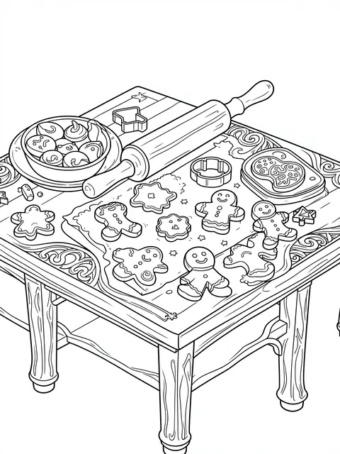 Black and white line art of a wooden baking table holding gingerbread cookies, a rolling pin, and cookie cutters for