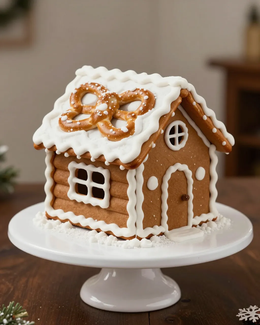 A decorated gingerbread cabin with icing snow and pretzel details sits on a white cake stand.