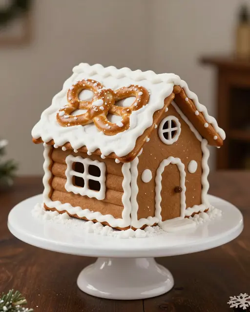 A decorated gingerbread cabin with icing snow and pretzel details sits on a white cake stand.